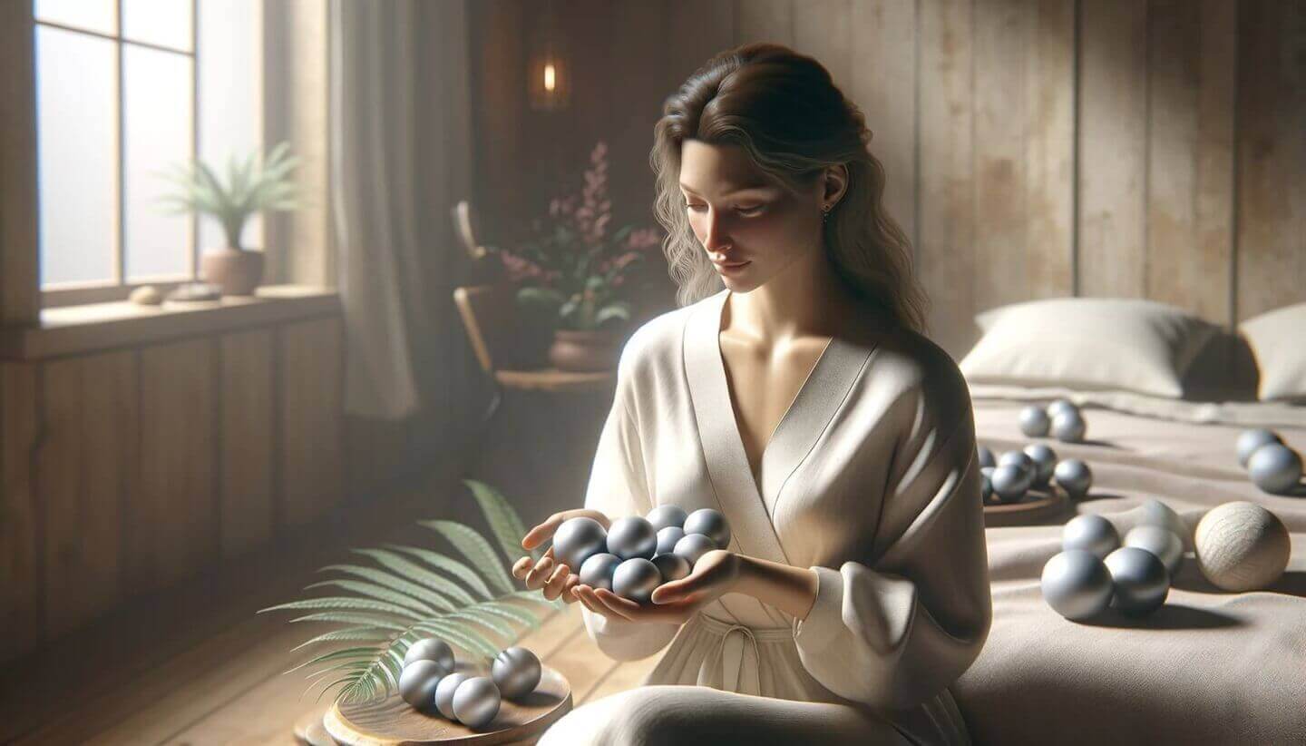 DALL·E 2024-06-03 04.41.58 - A photorealistic image symbolizing the concept of What are Ben Wa balls and why are they important_ Depict a European woman in a serene and private  (1) (1) (1)